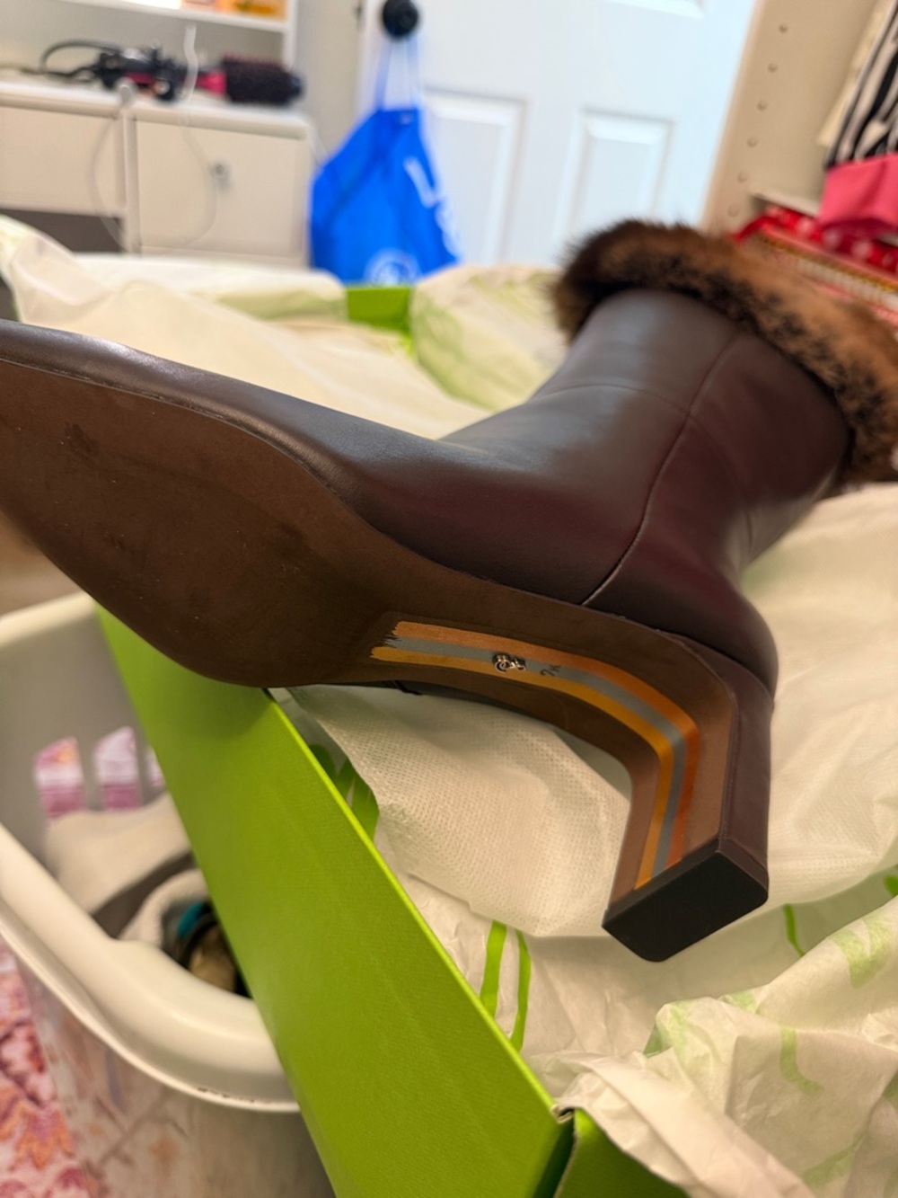 Sam Edelman Black Leather Knee-High Boots with Brown Fur Cuff - Picture 10 of 12